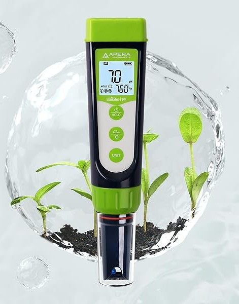 Apera GroStar GS1 pocket pH meter with green body and backlit LCD showing a 7.0 pH reading