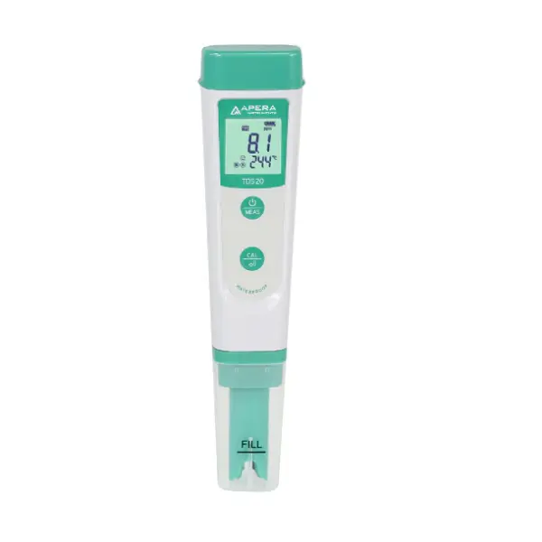 Apera TDS20 pocket TDS meter showing a 81 ppm reading and 24.4 degrees Celsius on the LCD